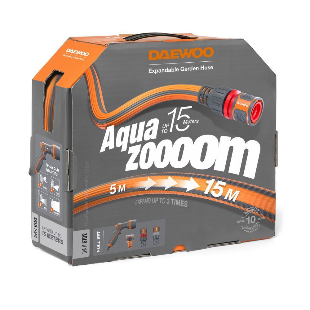 картинка Шланг растягивающийся Aquazoom 15м с набором для полива DAEWOO DWH 6102 картинка Шланг растягивающийся Aquazoom 15м с набором для полива DAEWOO DWH 6102