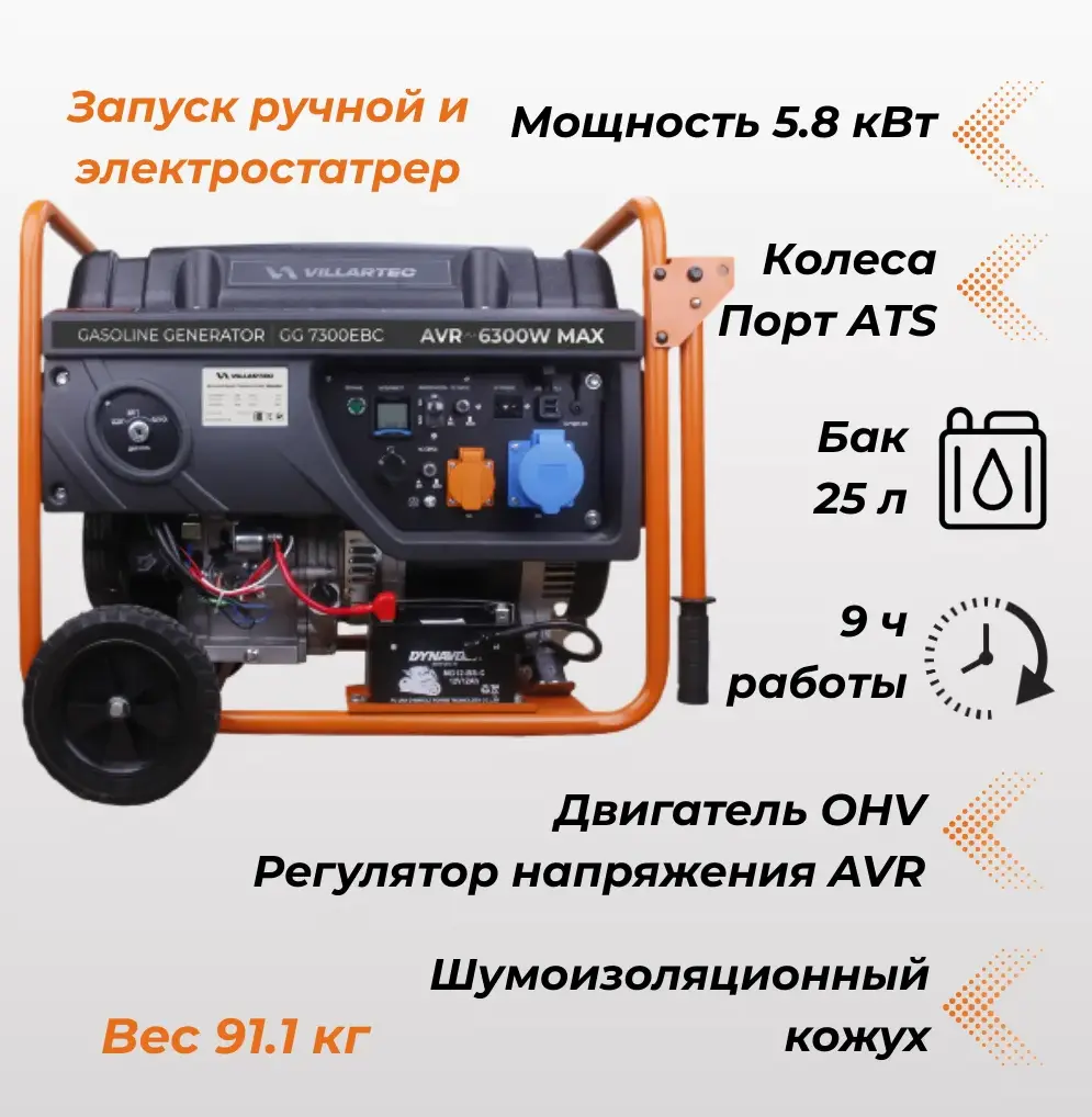 Генератор бензиновый VILLARTEC GG7300ЕВС и блок автоматического запуска генератора 10кВт Генератор бензиновый VILLARTEC GG7300ЕВС и блок автоматического запуска генератора 10кВт