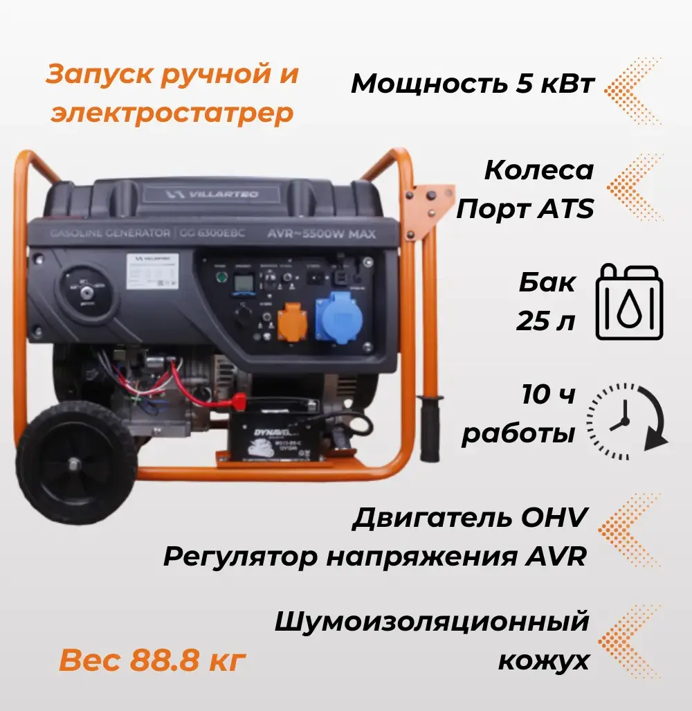 Генератор бензиновый VILLARTEC GG6300ЕВС и блок автоматического запуска 10кВт